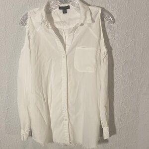 Saks Fifth Avenue White Button-Down Sleeveless Shoulder Shirt Fringed Bottom